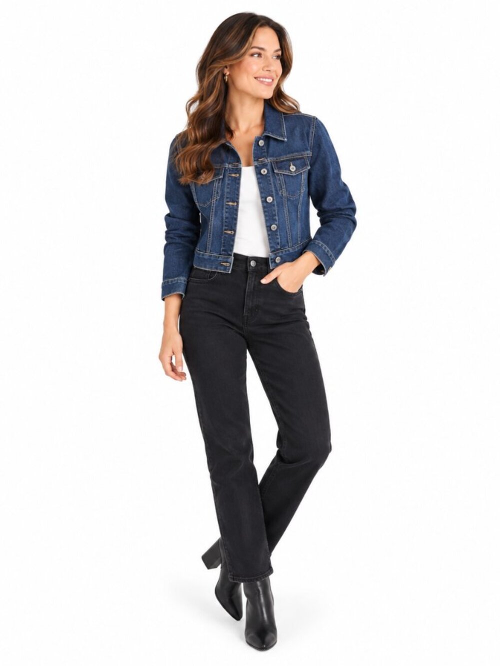 GAP Womens XS Dark Wash Denim Trucker Jacket Cropped Fitted Jean Jacket